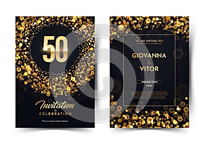 50th years birthday vector black paper luxury invitation double card. Fifty years wedding anniversary celebration