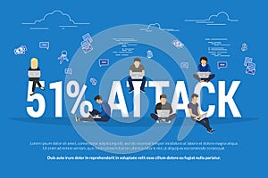 51% attack concept flat criminal illustration of hacker coding bug to hack a blockchain network