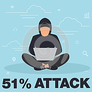 51 attack concept flat criminal illustration of hacker coding bug to hack a blockchain network. Faceless thief or hacker stealing
