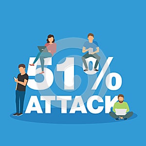 51 attack concept flat vector illustration of stealing cryptocurrency or another blockchain-based currency. Group of miners