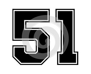 51 Classic Vintage Sport Jersey Number in black number on white background for american football, baseball or basketball