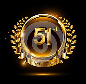 51st golden anniversary logo with ring & ribbon, luxury laurel wreath