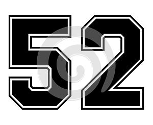 52 Classic Vintage Sport Jersey Number in black number on white background for american football, baseball or basketball