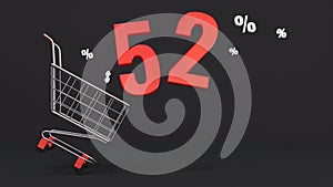 52 percent discount flying out of a shopping cart on a black background. Concept of discounts, black friday, online sales. 3d