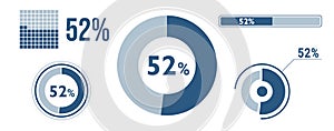 52% percentage infographic set. Fifty-two circle diagram, pie donut chart, progress bar. 52 percent loading data icon. Vector