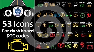 53 pack icons - Car dashboard, dtc codes, error message, check engine, fault, dashboard illustration, gas level,