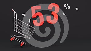 53 percent discount flying out of a shopping cart on a black background. Concept of discounts, black friday, online sales. 3d