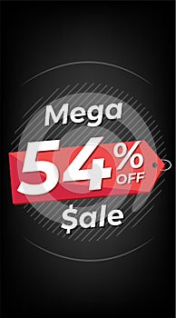 54 percent off. Black discount banner with fifty-four percent. Advertising for Mega Sale promotion