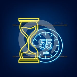 The 55 minutes, stopwatch vector neon icon. Stopwatch icon in flat style, timer on on color background. Vector