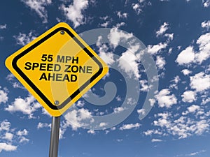 55 mph speed zone ahead traffic sign on blue sky