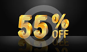 55% off 3d gold on dark black background, Special Offer 55% off, Sales Up to 55 Percent, big deals, perfect for flyers, banners, a