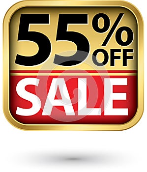 55% off sale golden label with red ribbon,vector illustration