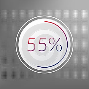 55 percent circle chart symbol. Vector red blue gradient element. Infographic sign on gray dotted background. Illustration, icon