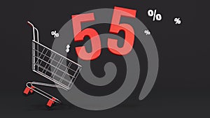 55 percent discount flying out of a shopping cart on a black background. Concept of discounts, black friday, online sales. 3d