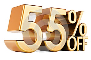 55 percent discount. Golden 55 percent off, text. Discount and sale, concept. 3D rendering