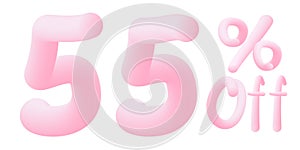 55 percent off Numbers made of chewing gum. Bubble Gum sign . Isolated on white background. Vector 3d font . Design template for