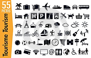 55 signage pictograms on tourism and holidays