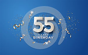55th birthday with white numbers on a blue background.