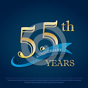 55th years anniversary celebration emblem. anniversary elegance golden logo with blue ribbon on dark blue background, vector