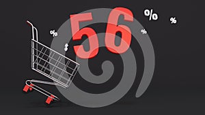 56 percent discount flying out of a shopping cart on a black background. Concept of discounts, black friday, online sales. 3d