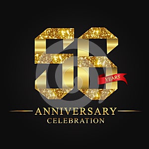 56th anniversary years celebration logotype. Logo ribbon gold number and red ribbon on black background.