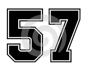 57 Classic Vintage Sport Jersey Number in black number on white background for american football, baseball or basketball