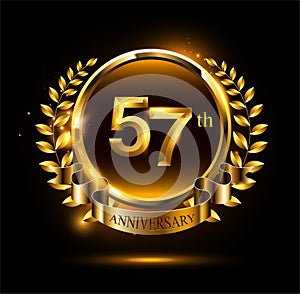 57th golden anniversary logo with ring & ribbon, luxury laurel wreath