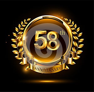 58th golden anniversary logo with ring & ribbon, luxury laurel wreath