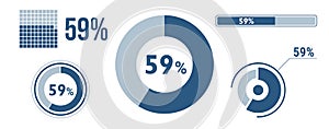 59% percentage infographic set. Fifty-nine circle diagram, pie donut chart, progress bar. 59 percent loading data icon. Vector