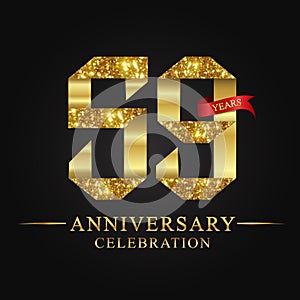 59th anniversary years celebration logotype. Logo ribbon gold number and red ribbon on black background.