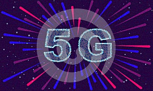 5g big data explosion with radiation elements. Speed data channel. Particle motion trails