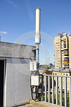 5G broadcarsting antennae in the city on a building