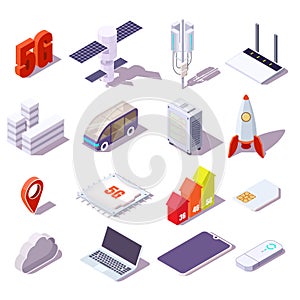 5g cellular network isometric icon set, vector isolated illustration. Wireless high speed internet.