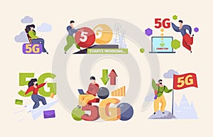 5g characters. Fast mobile internet future technologies high speed network garish vector concept pictures set collection