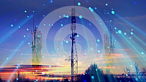 5G communication towers with antennas create virtual radio beams for transmitting information. Double exposure