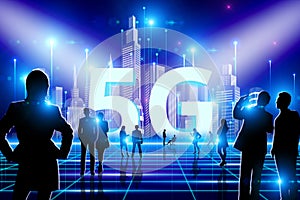 5G conceptual information technologies illustration- background with group of people silhouettes