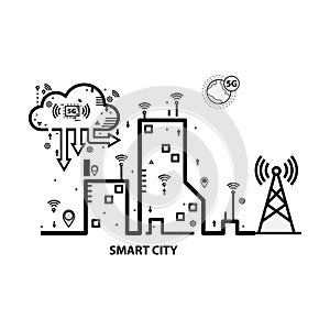 5G connectivity for urban IOT signal network streaming outline concept. generation internet vector illustration in black and white