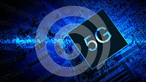 5g data. Digital computer motherboard with 5g mobile phone chip on wireless network business technology background