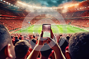 A 5G enabled smartphone in a football game in the hands of a fan