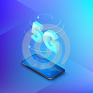 5g fast mobile networks. Mobile phone with global map on screen and hologram of web connection wireless networks with isometric