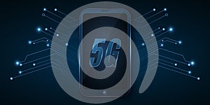 5G global network. High tech design. Modern smartphone with high speed internet. Neon computer circuit board. Vector Illustration