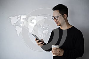 5G High speed internet network communication, man using mobile smartphone
