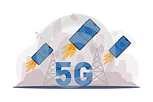 5G high speed wireless internet technology with smartphones launching. Global network with high speed connection cartoon