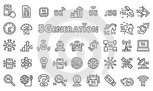 5G icon set in line design. 5G, Internet, Speed, Connection, Network, Wireless, Technology vector illustrations