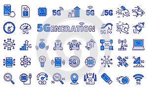 5G icon set in line design blue. 5G, Internet, Speed, Connection, Network, Wireless, Technology vector illustrations