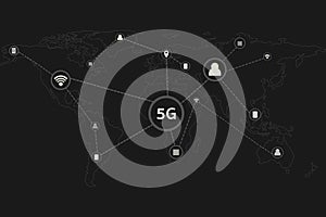 5G infographic icon and world map on dark background.