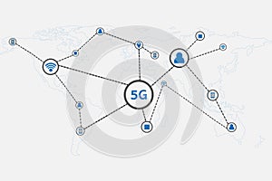 5G infographic icon and world map on light background.