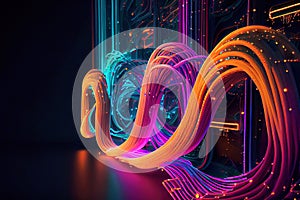 5G internet and binary data transferred along fibre optic cables connecting business illustration made with generative AI