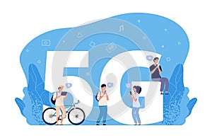 5G internet concept. Flat people characters, online conversations, internet friends searching. 5G network wireless