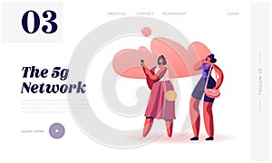 5G Internet Connection, Social Media Networking Website Landing Page. Young Women Using Cellular Connection